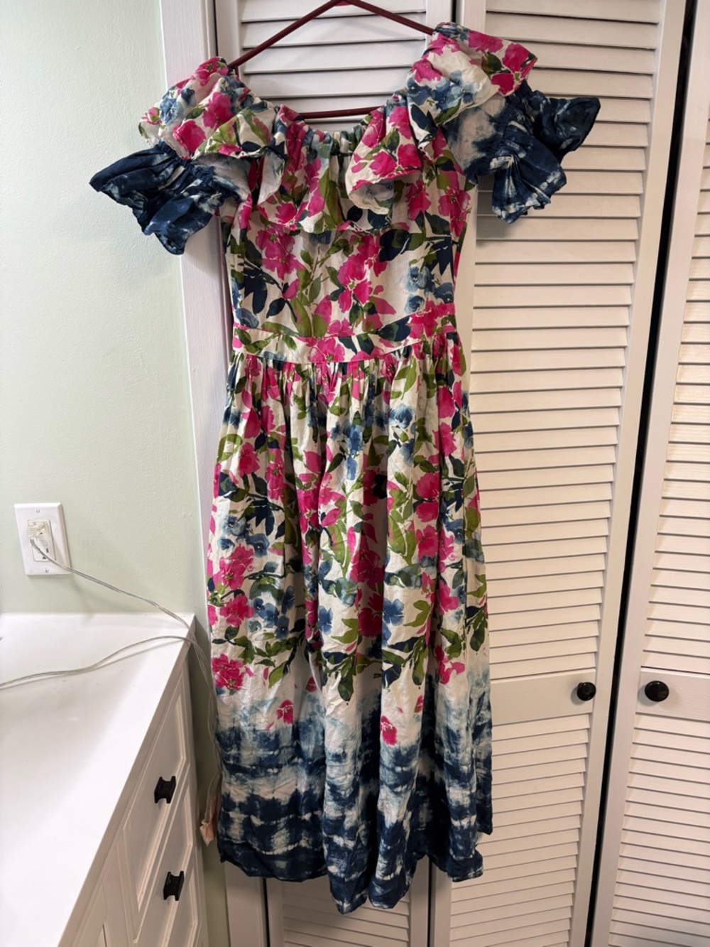 Misa Los Angeles Pink Floral Off-Shoulder Dress with Blue Dip-Dye Hem